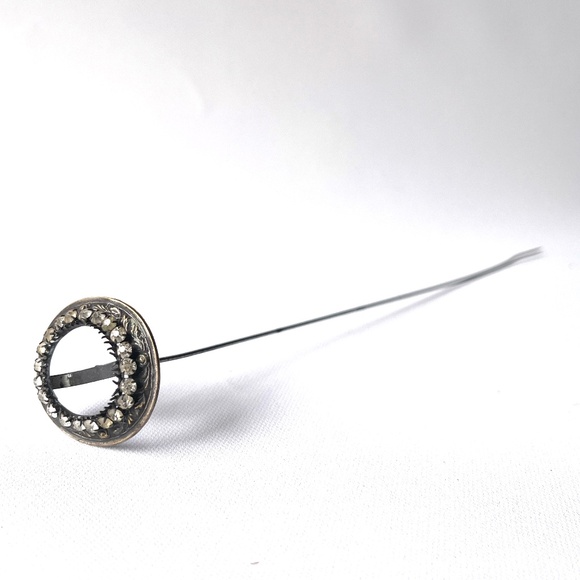 Victorian Antique Long Hat Pin w Prong Set Rhinestones